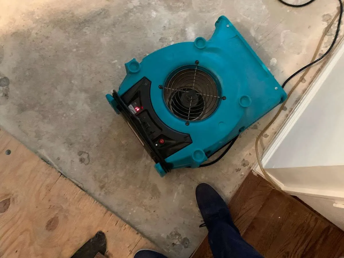 Air mover drying subfloor during Commercial Water Damage Restoration in St. John